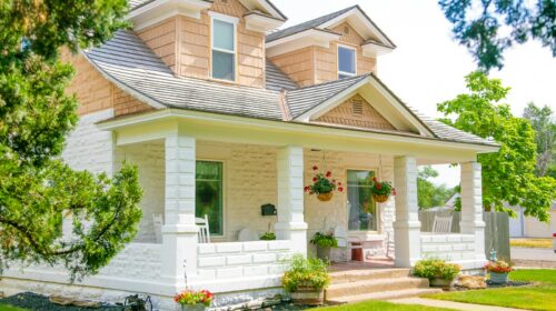 The front of a house on a sunny summer day in Eastern Montana.