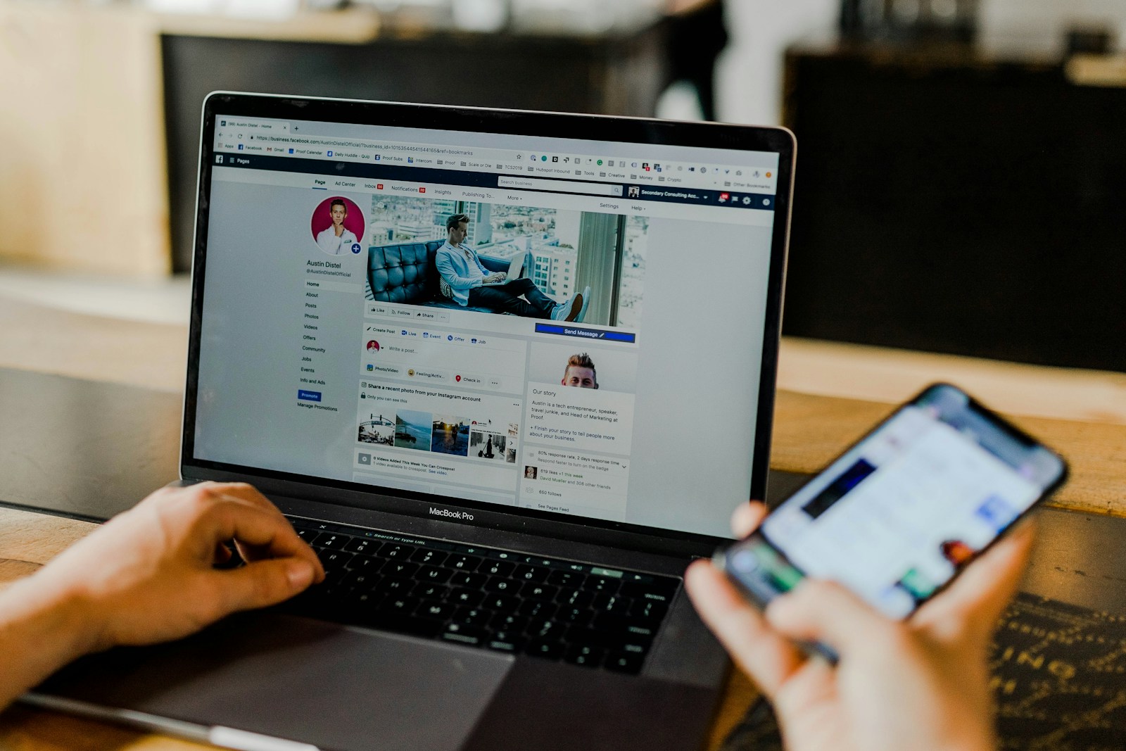 Facebook page of an entrepreneur’s social media on desktop and mobile.